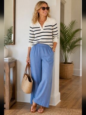 Tahari Linen Wideleg Pocket Blue Ankle Pants NWOT